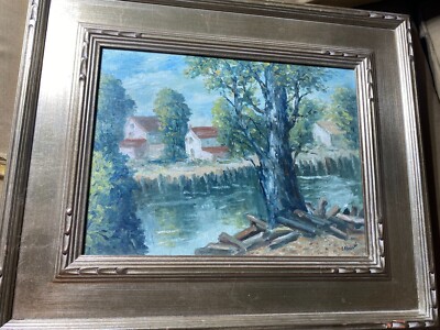 Cesare A. Ricciardi (1892 - 1973) ''Canal Landscape With Homes'' Oil Painting
