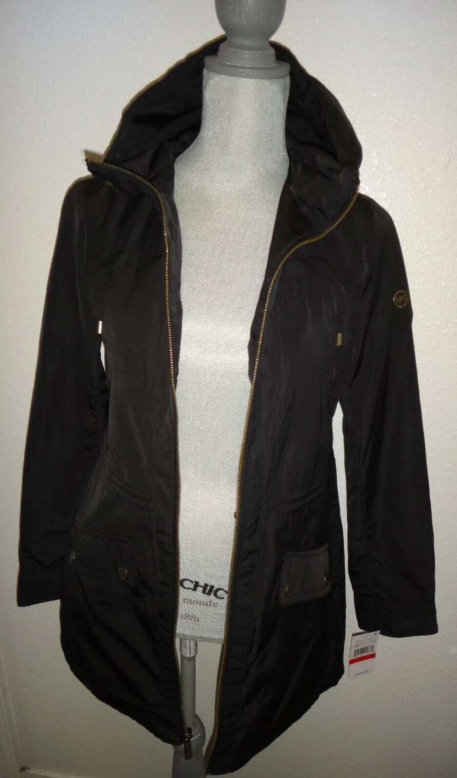 MICHAEL KORS Trench Cappotto Donna MK Zip con Cappuccio Nero Poliestere Taglia S M L