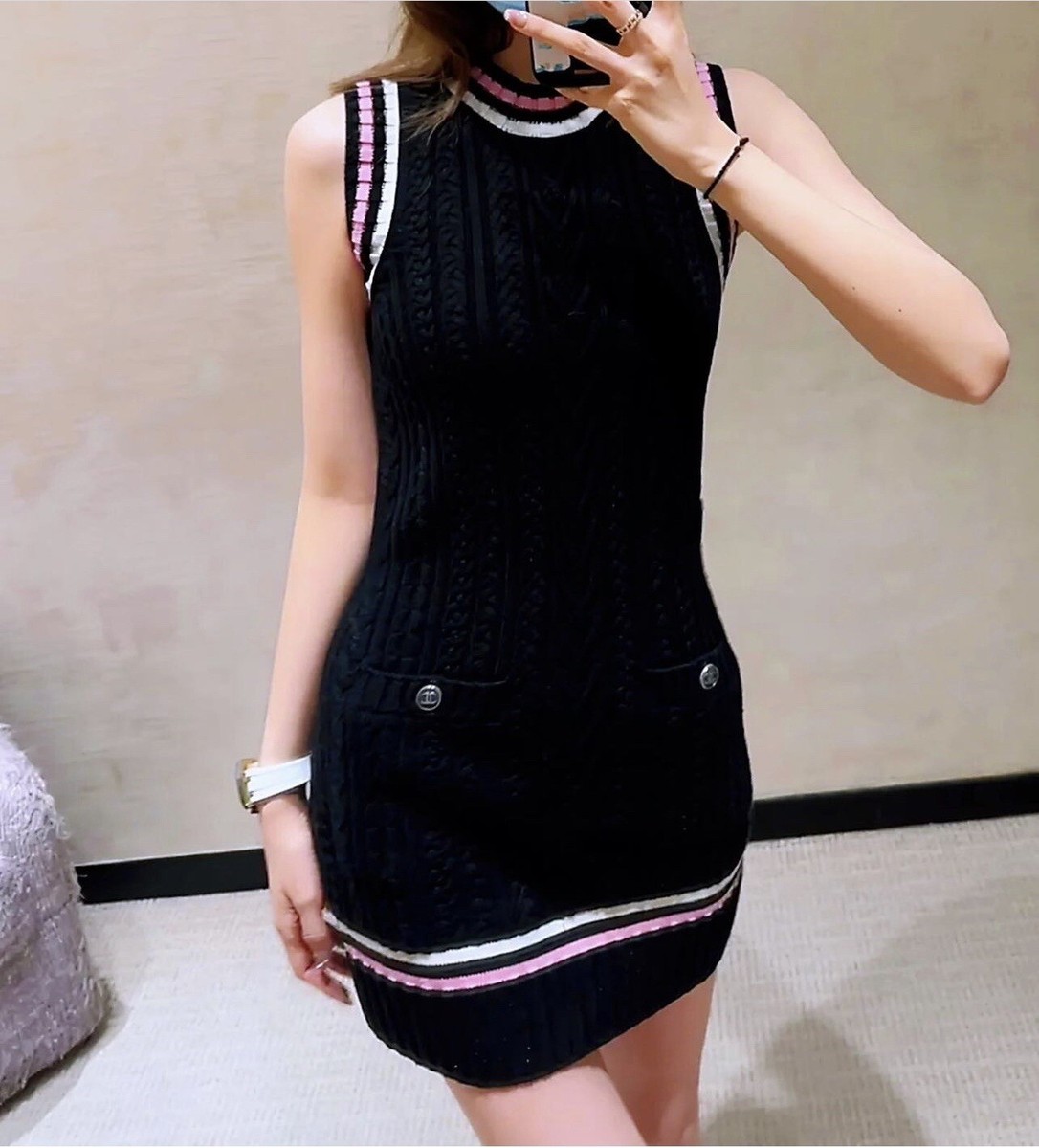 Chanel 23P RTW Tennis Knit Dress in Black, Pink and Ecru