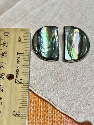 Mexican Abalone Earrings Clip On Alpaca Silver STUNNING Green Purple Shell