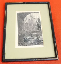Etching Angel Stairs Framed Vintage Old Print Unusual Dramatic Gothic Occult WI