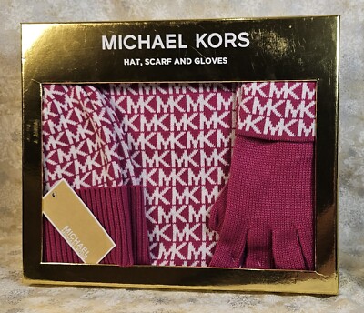 Michael Kors Piece Scarf Hat Glove Boxed Set Fuchsia Pink w/MK