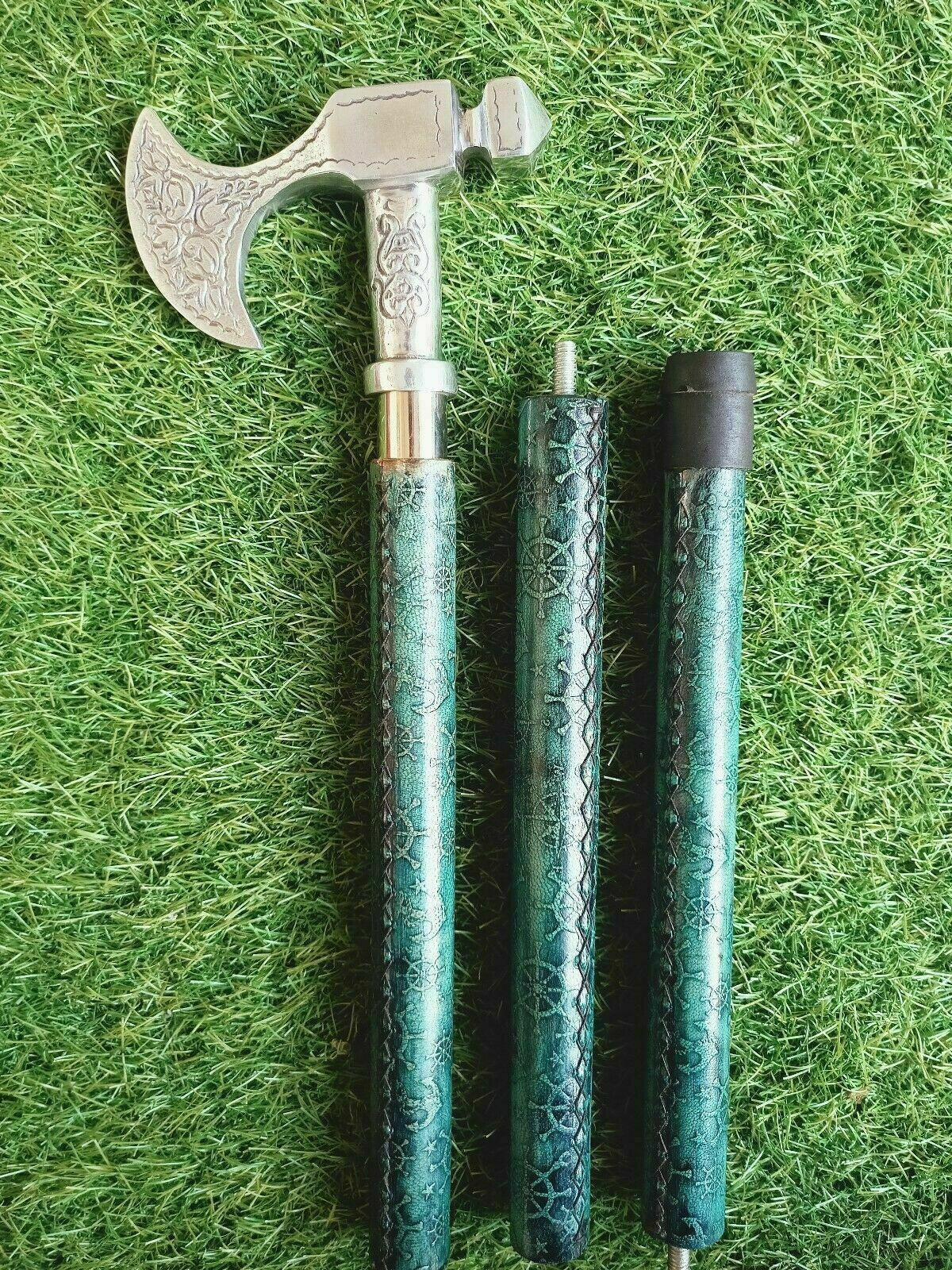 Chrome Brass Axe Head Handle Steampunk Leather Wa… - image 12