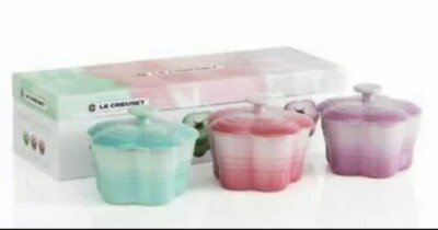 Set 3 Le Creuset Petite Flower 7 oz Mini Cocotte Cool Mint Pink