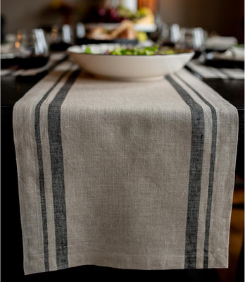 Linen Table Runner 90 Inches Long - French Stripe, 100% Pure Linen Black and Nat