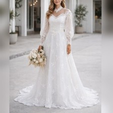 Eve of Milady Look Vintage 80s Off White Lace Wedding Dress with Train sz 6