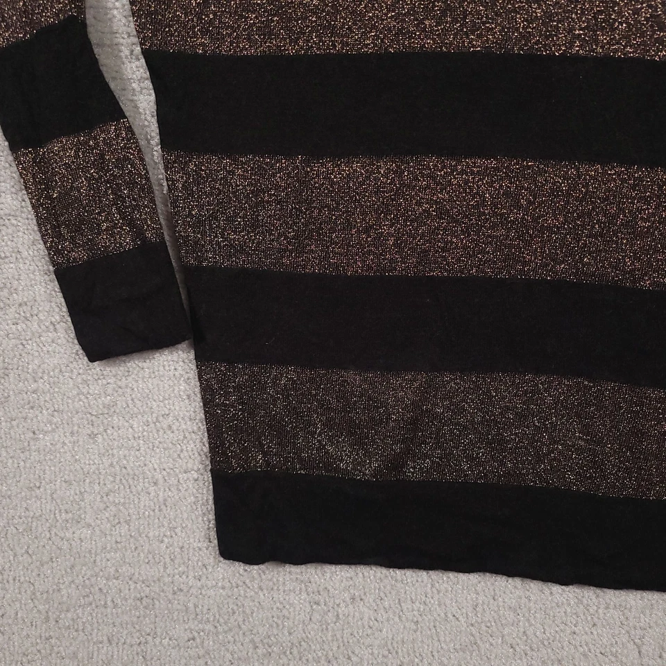 Suéter Guess Mujer Pequeño Negro Bronce Brillo Rayas Manga Larga Pullover Top Foto 4 de 4