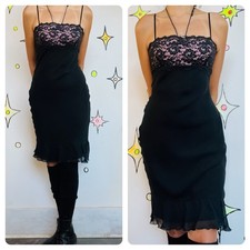 Vintage 90s Y2K Black Fairy Grunge Goth Babydoll Slip Dress w/ Pink  Lace   S