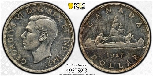 1947 PCGS Genuine AU Detail Pt. 7 DHP Canada Silver Dollar. 4/4 not on slab.