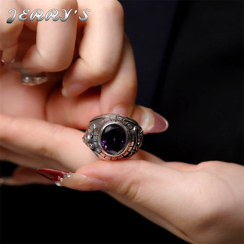 Anillo de plata esterlina 925 real circón púrpura tamaño abierto cúpula banda para hombre vintage Foto 4 de 4