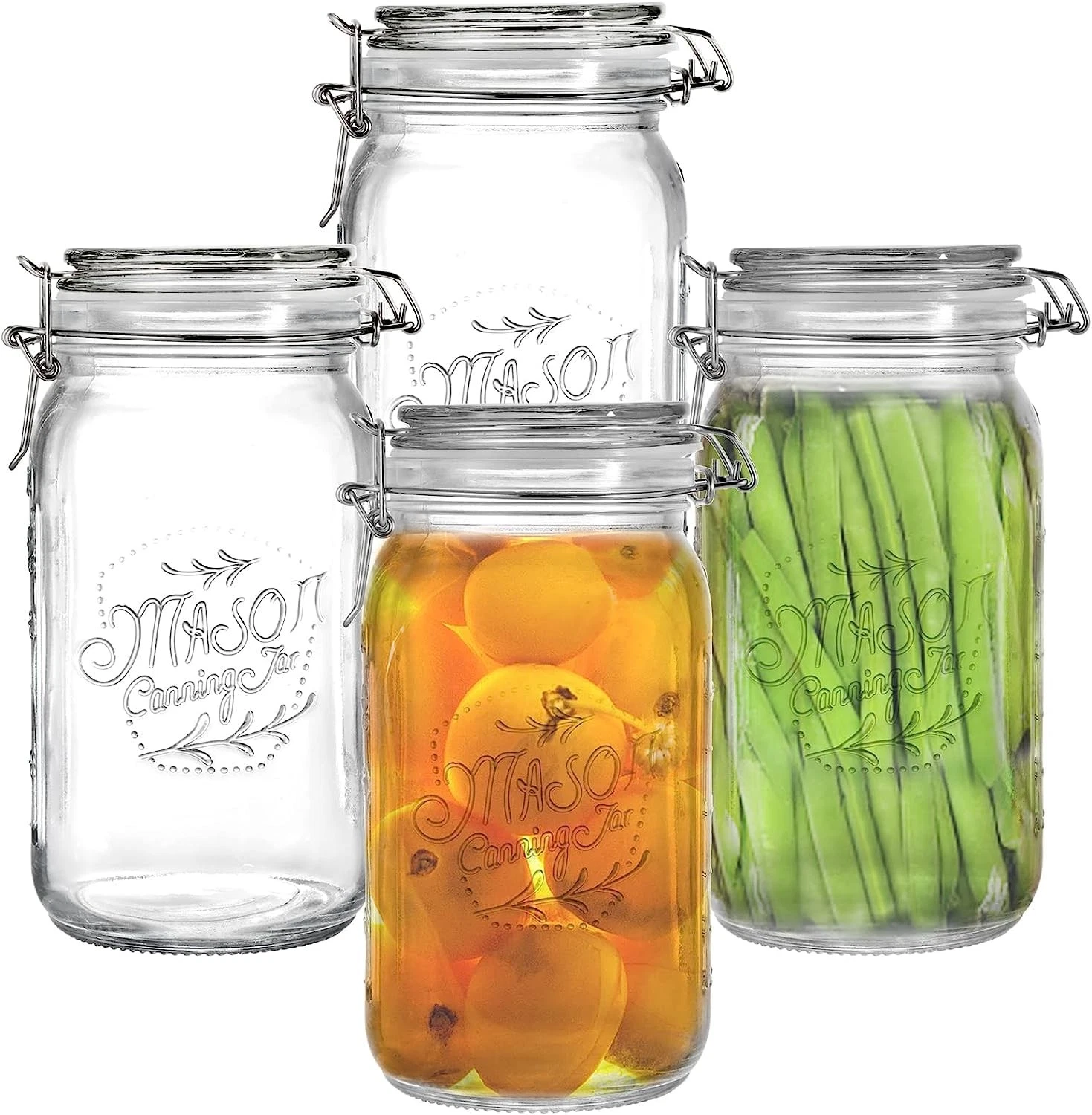 4 Pack Clear Wide Mouth Glass Mason Jars with Airtight Clamp Lids, 32Oz Glass...