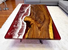 Ocean Style Deep Red Epoxy Resin Dining Table Top Handmade Live Edge Table Decor