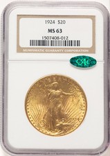 1924 $20 Saint CAC Saint-Gaudens Double Eagle NGC MS63