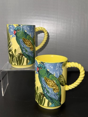 Anthropologie Pluma Coffee Cups Mugs Yellow Motif Parrot Bird Set Of 2
