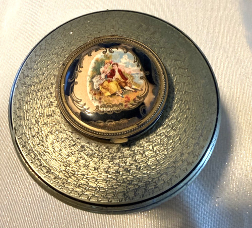 Mid-20th Century Vintage Musical Powder Box with Romantic Scene and Mirror