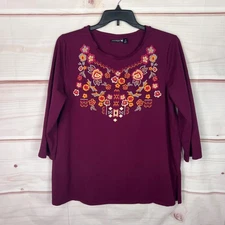 Antthony Top Womens 1X Burgundy Tunic T-Shirt 3/4 Sleeve Floral Graphic Cotton
