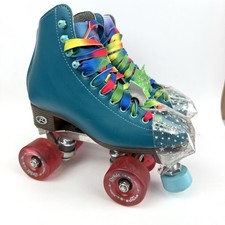 Riedell Orbit Lagoon Blue Size 4 Youth Roller Skates Rainbow Laces