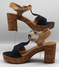 Kaleidoscope Leather Navy & Beige T-Bar Cork Heeled Shoes- EU 39 UK 6