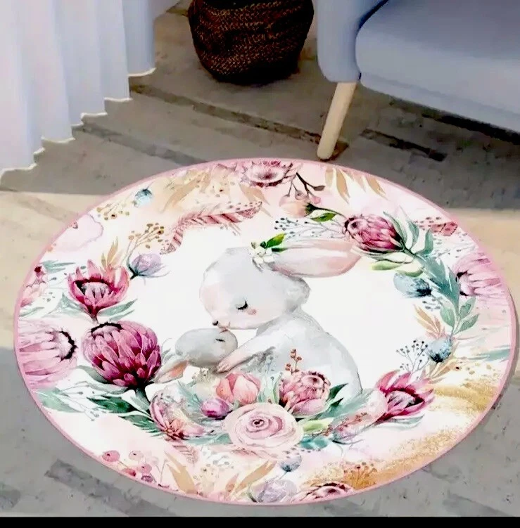 Alfombra para Guardería o Habitación Infantil Diseño Conejo Estampado Suave Antideslizante 31.4 pulgadas Redonda Foto 3 de 4
