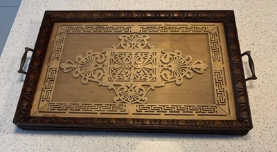 Early 20th Century Wooden Tray with Glass Panel and Brass Handles - Image 1 of 4