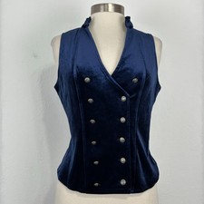 Women Steampunk Military Band Vest Sz Medium Blue Velvet Fitted Double Breasted