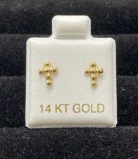14k Solid Gold Beeded Cross Screw Back Stud Earrings