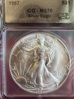 1987 American Silver Eagle $1 ICG MS70 First Delivery 0.999 Silver 1 OZ