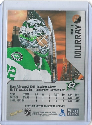 MATT MURRAY PMG Rookie RED SP #/100 2022-23 Skybox Metal Precious Metal Gems RC - Picture 2 of 2