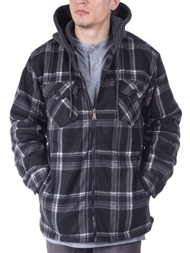 Chaqueta de franela con capucha pesada Sherpa polar a cuadros con capucha grande y alta para hombre - Imagen 4 de 72
