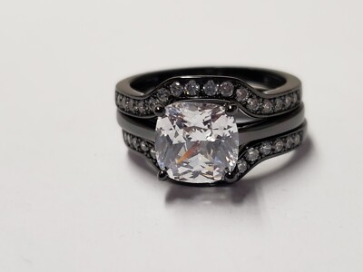 Jeulia Black Tone Cushion Cut Sterling Silver Ring Set White Stone