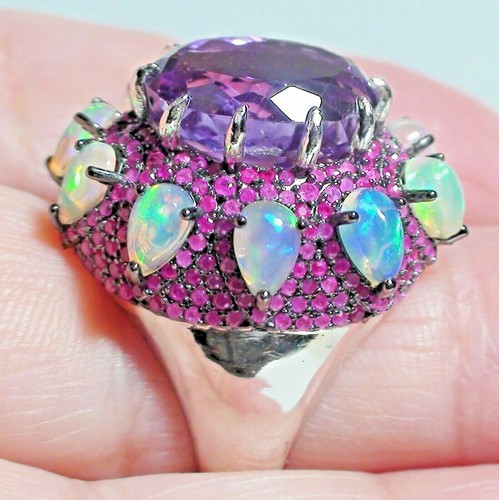 ¡NATURAL! 15,0 quilates CAMBIO DE COLOR AMATISTA, ÓPALO MUY FLASH, ANILLO RUBÍ PLATA 925.8,25 - Imagen 9 de 14