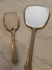 Golden Floral Mirror and Hair Brush Vintage Vanity Boudoir Dresser Set