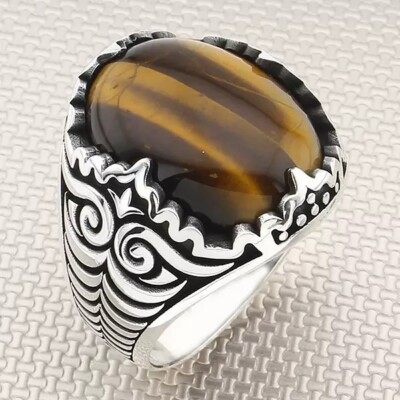 Natural Tiger's Eye Men's Ring 925 Sterling Silver Statement Ring, All Size