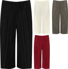 New Women Pleated Wide Leg Stretchy Culotte Elasticated Cropped Trouser UK 12-30