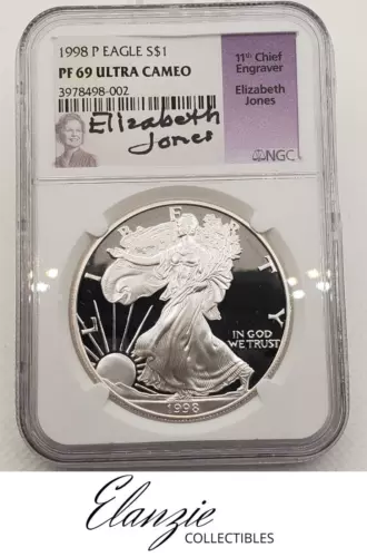1998-P American Silver Eagle NGC PF69 Elizabeth Jones signed