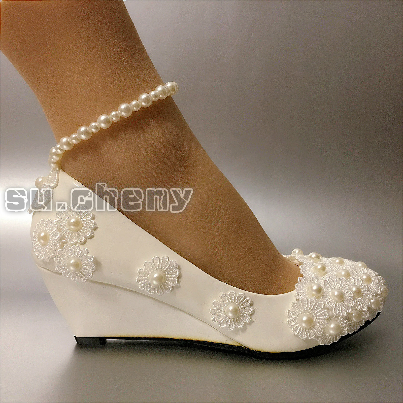 su.cheny Lace white ivory pearls flats low high heel pumps Wedding ...