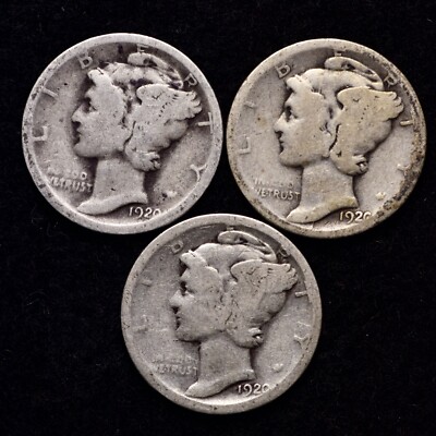 1920 P D S (3 PIECE LOT) Mercury Silver Dime AG / ABOUT GOOD FREE SHIPPING 