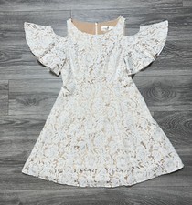 Eliza J Cream Cold Shoulder Flutter Sleeve Fit Flare Lace Nude Beige Dress 8 M