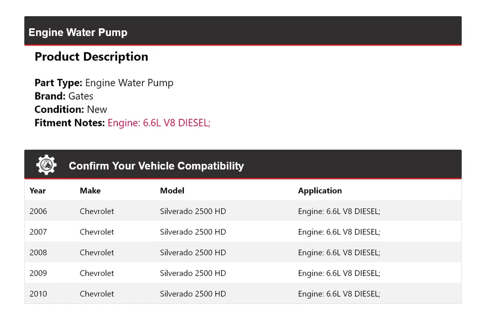 Puertas de bomba de agua con motor diésel V8 6,6 L para Chevrolet Silverado 2500 HD 2006-2010 Foto 2 de 4