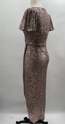XSCAPE Shimmering Gold Sequins V-Neck Fit & Flare Gown Slit At front Size 2 XSCAPE Shimmering Gold Sequins V-Neck Fit & Flare Gown Slit At front Size 2