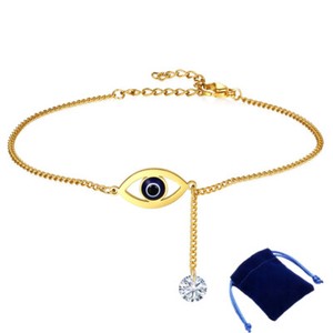 Authentic Gold Plated Stainless Steel Evil Eye Charm CZ Dangle Chain Bracelet  Adjustable