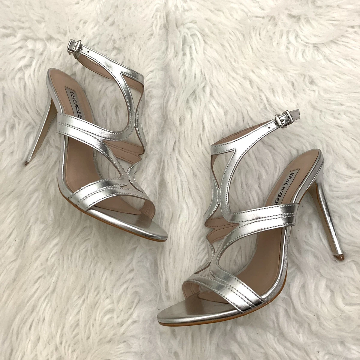 Steve Madden Sidney Leather Silver Strappy Dress Sandals Heels size 7