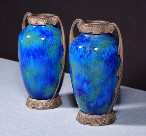 Vintage Art Deco Paul Milet Sèvres Vases/Urns Blue Drip Glaze w/Bronze Ormolu - Imagen 2 de 17
