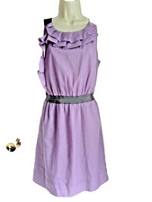LOFT Dress 6 Purple Lilac Grey Trim Ruffled Details Top Gathered Waist