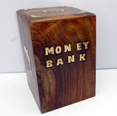 Small wooden money box piggy bank with brass fittings lock & key 