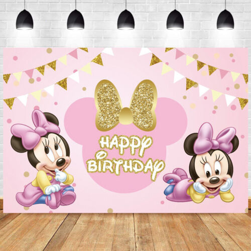 Baby Minnie Mouse Backdrop Pink 1st Birthday Girl Party Photo Background Banner - Picture 1 of 14