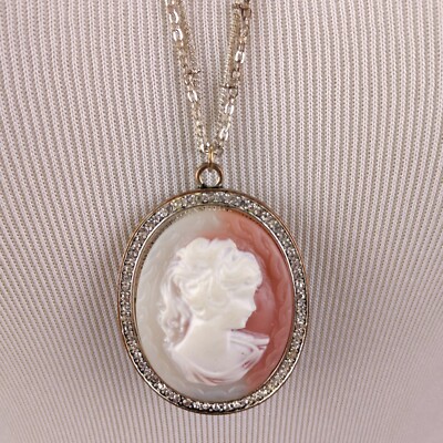 Vintage Pink White Cameo Pendant Necklace Rhinestone Halo Opera Length