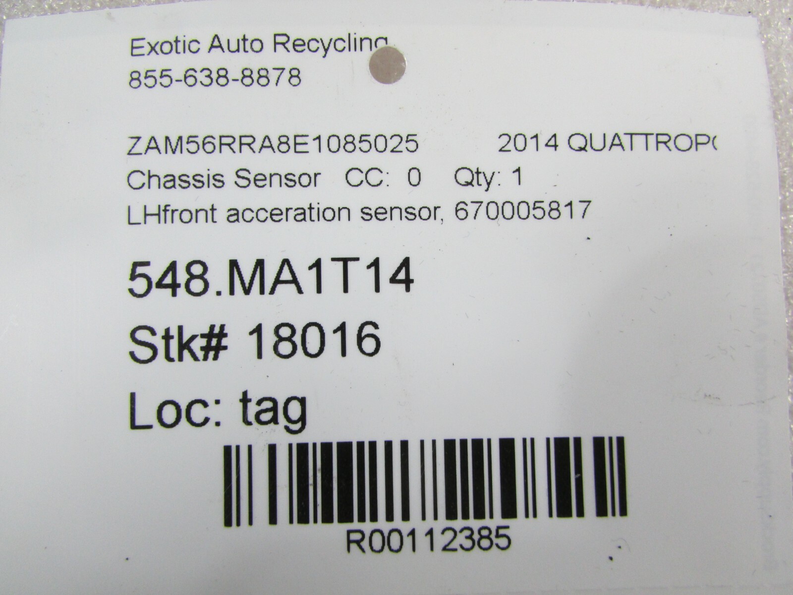 Maserati Quattroporte, LH, Left Front Acceleration Sensor, Used, P/N 670005817