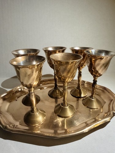 Vintage Brass Goblets Set of 6 w/ Tray India Barware Cordial Cups Decor