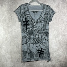 Affliction Shirt Womens Medium Gray Cross Rosary Lace Up Back Studded Gothic